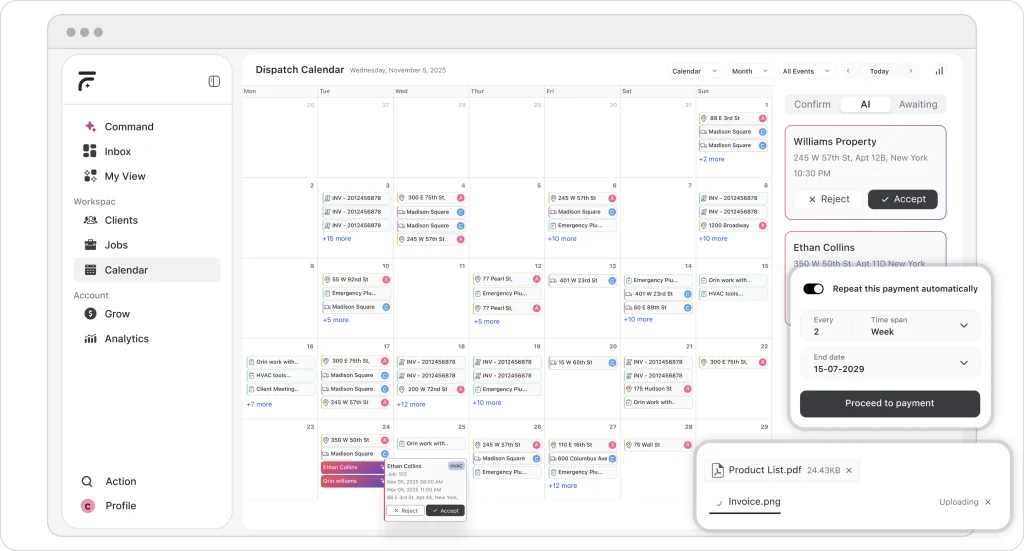FieldCamp insulation contractor software showing AI-powered dispatch calendar, multi-day job scheduling, automated payments, and document uploads in one dashboard.
