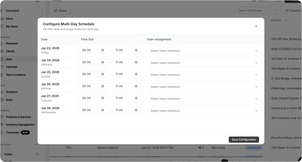 Multi-day job scheduling interface displaying daily time slots and team assignment options across multiple dates in a field service management dashboard.