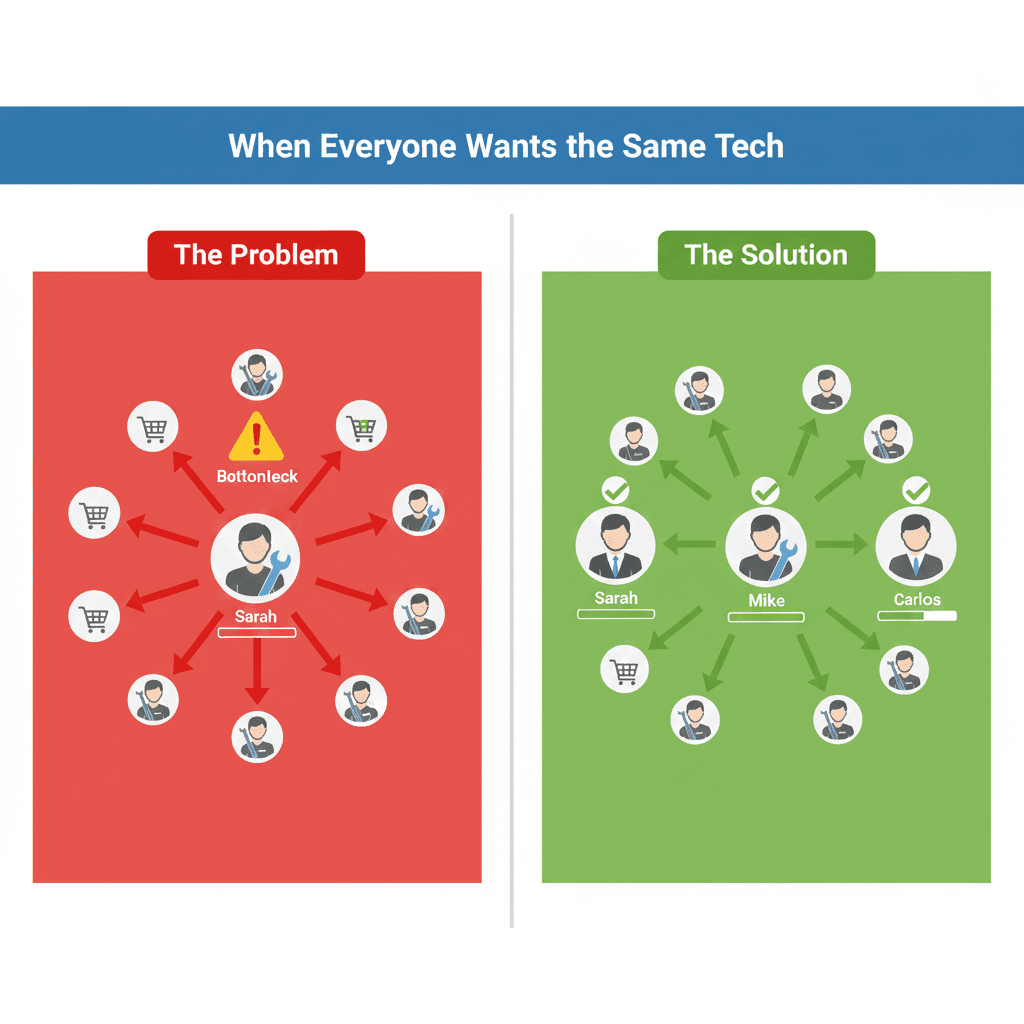Split infographic comparing preference overload problem versus solution: left side shows bottleneck with all customers requesting one technician Sarah, right side shows balanced distribution across three technicians Sarah, Mike, and Carlos

