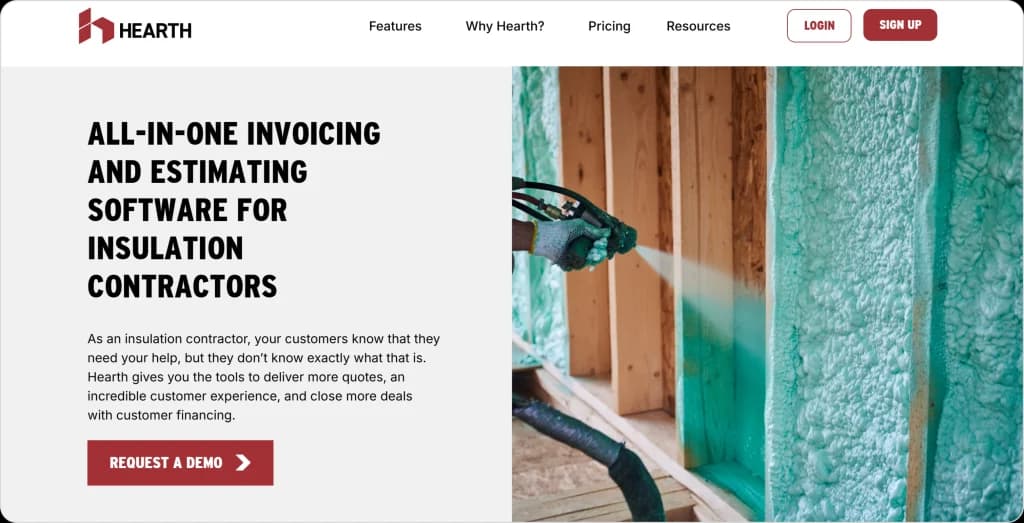 Hearth invoicing and estimating software page showing spray foam insulation application alongside tools for quotes, customer financing, and proposal management.