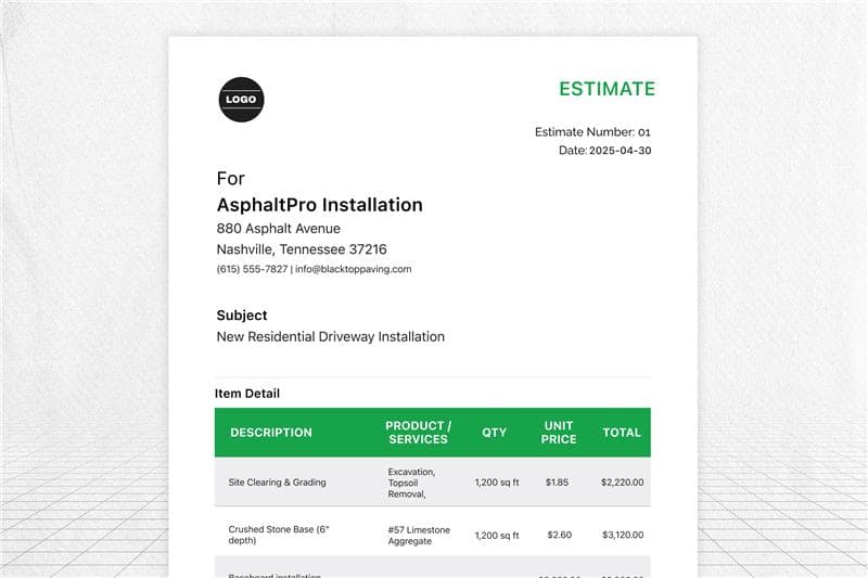Installation estimate template example with company logo, client details, and line items for site clearing, grading, and crushed stone base installation with unit prices and totals