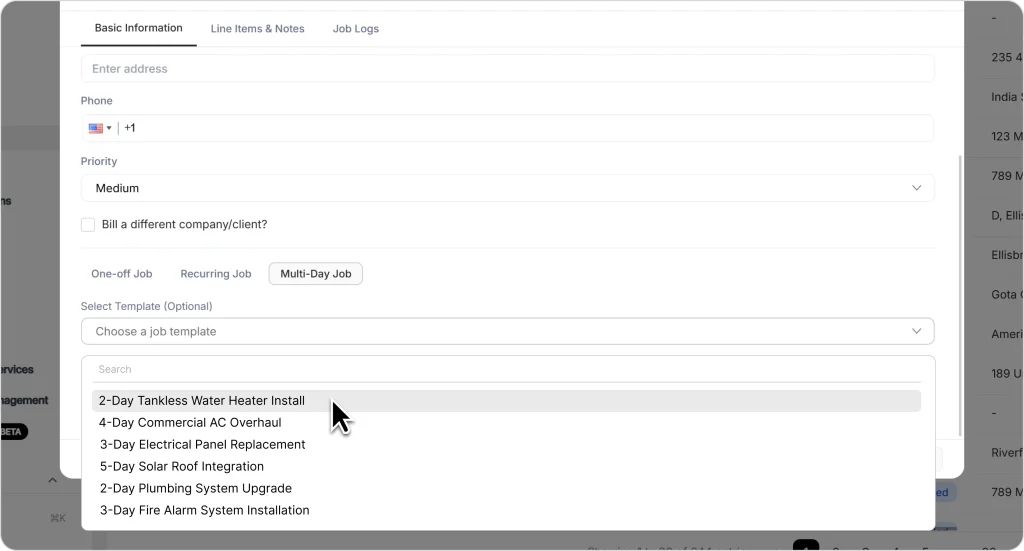 Multi-day job creation screen showing job template selection for field service projects like tankless water heater installation and electrical panel replacement.