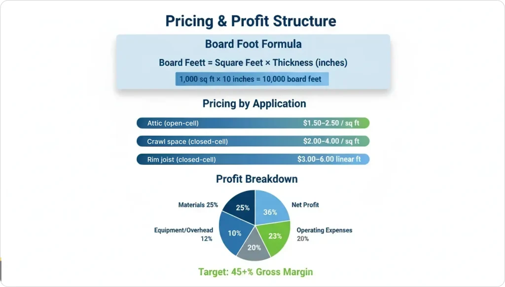 Spray foam pricing and profit structure infographic showing the board foot formula, application-based pricing ranges, and a profit breakdown including materials, operating expenses, overhead, and net profit.