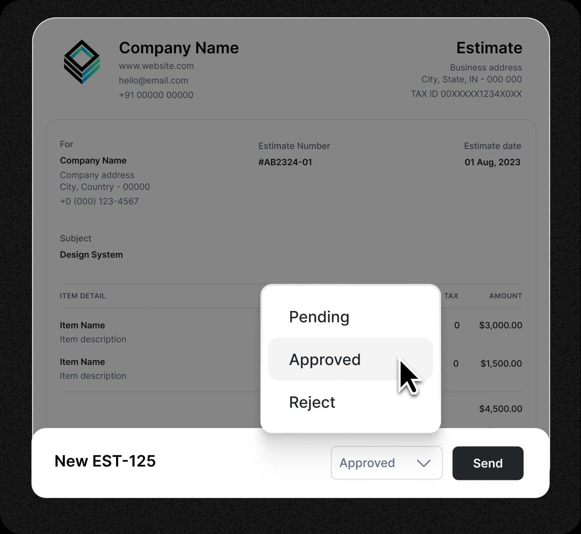 Digital estimate approval screen showing pending, approved, and rejected quote status with pricing details for service work.