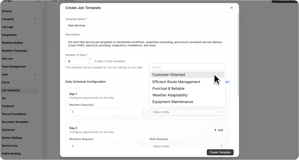 Job template creation screen showing multi-day configuration with required team members and skill-based crew selection for field service workflows.