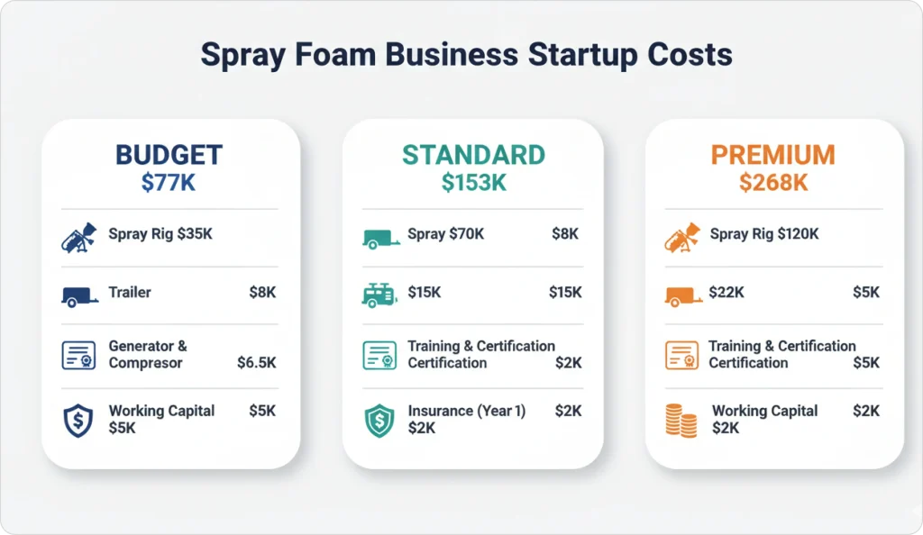Spray foam business startup cost breakdown comparing budget, standard, and premium setups with estimated costs for spray rigs, trailers, training, insurance, and working capital.