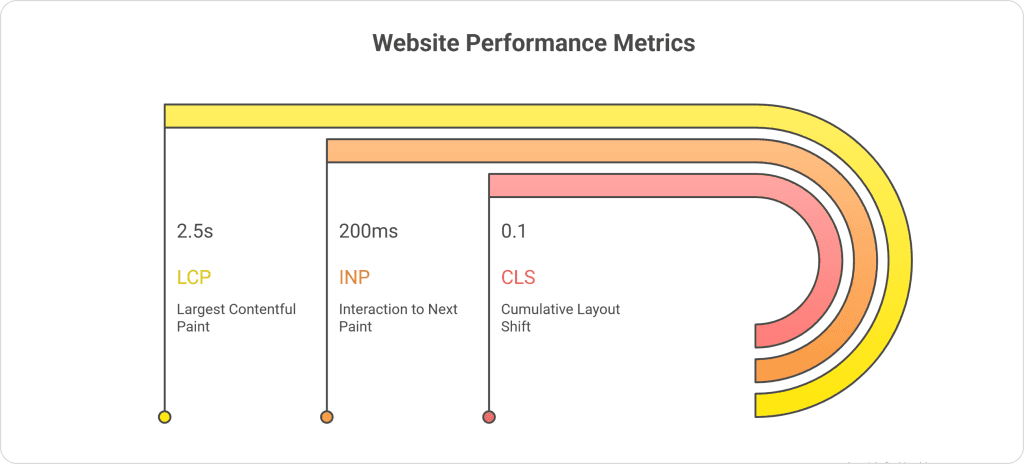 How technical SEO for cleaning business websites improves rankings through Core Web Vitals optimization including LCP under 2.5 seconds, INP under 200ms, and low CLS for stable page experience.