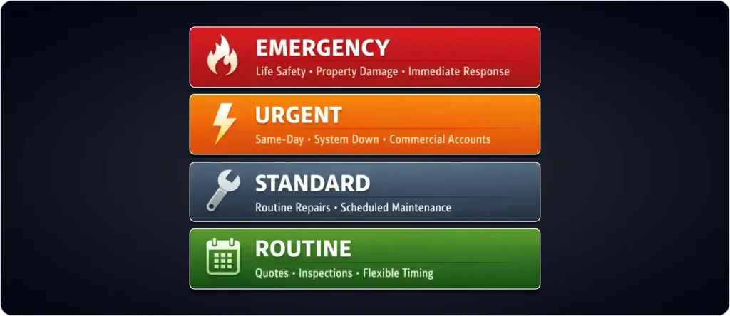 Infographic showing four job priority levels for field service dispatching: Emergency, Urgent, Standard, and Routine, displayed as stacked colored tiers on a dark background.