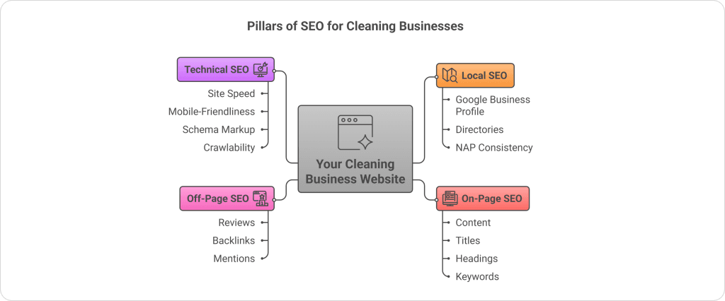 How SEO for a cleaning business works through technical SEO, local SEO, on-page optimization, and off-page signals like reviews and backlinks to improve Google rankings and generate cleaning leads.