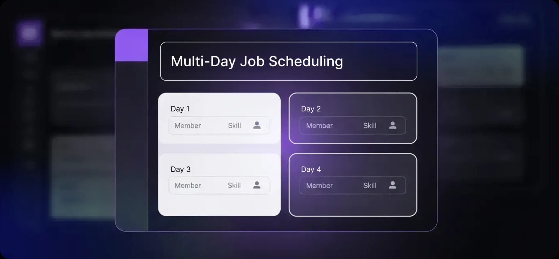 Multi-day job scheduling interface showing Day 1 through Day 4 with crew member assignments and skill tracking for field service projects