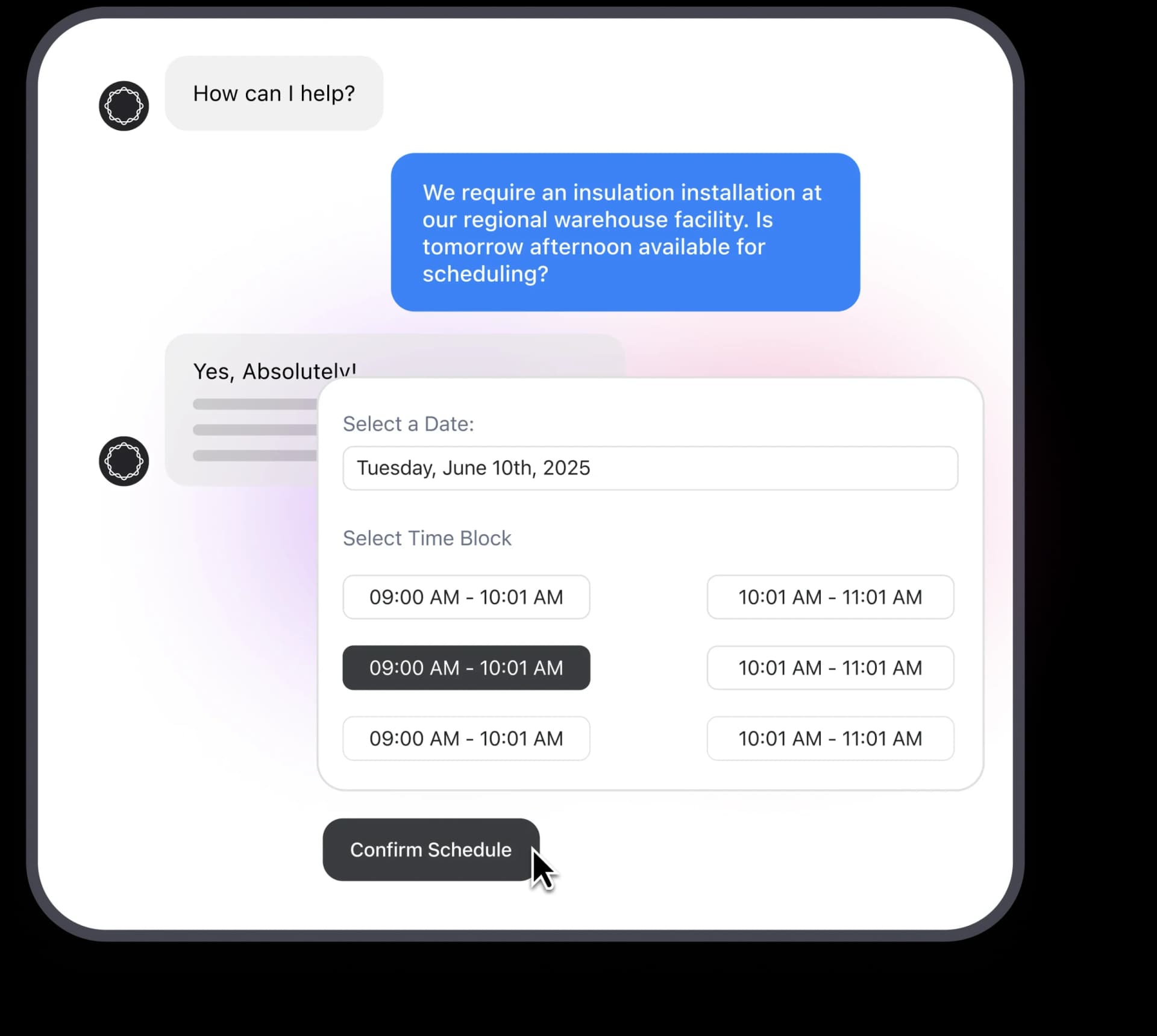 AI-powered scheduling chat interface showing insulation installation booking with date and time slot selection for a warehouse job.