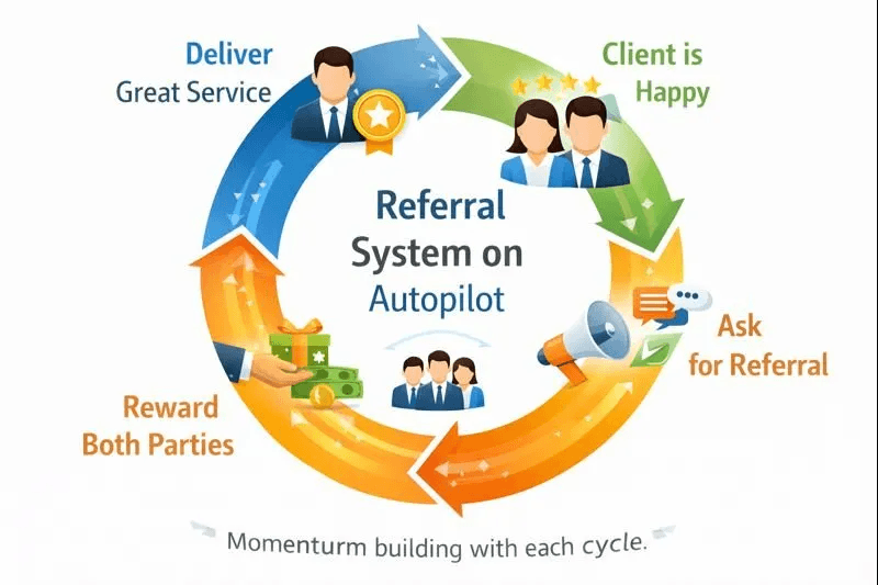 Circular flywheel infographic showing how a referral system works on autopilot: deliver great service, client is happy, ask for referral, reward both parties — momentum building with each cycle