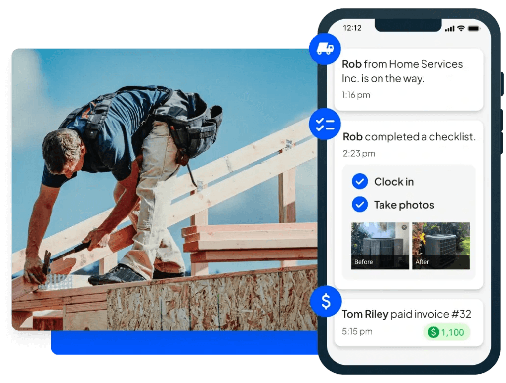 Housecall Pro mobile app showing real-time job notifications—technician en route status, completed checklist with before/after photos, and payment confirmation for $1,100 invoice
