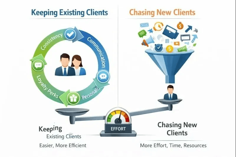 Comparison infographic showing keeping existing clients through consistency, communication, personalization and loyalty perks requires less effort than chasing new clients through a funnel that demands more time and resources