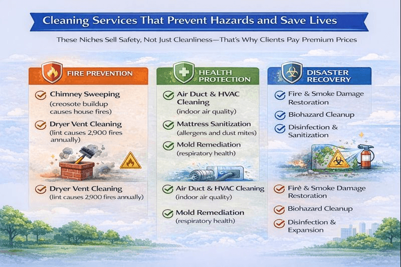 Infographic showing cleaning services that prevent hazards and save lives, organized into three categories. Fire prevention includes chimney sweeping and dryer vent cleaning. Health protection includes air duct and HVAC cleaning, mattress sanitization, and mold remediation. Disaster recovery includes fire and smoke damage restoration, biohazard cleanup, and disinfection and sanitization. These niches sell safety and command premium pricing.