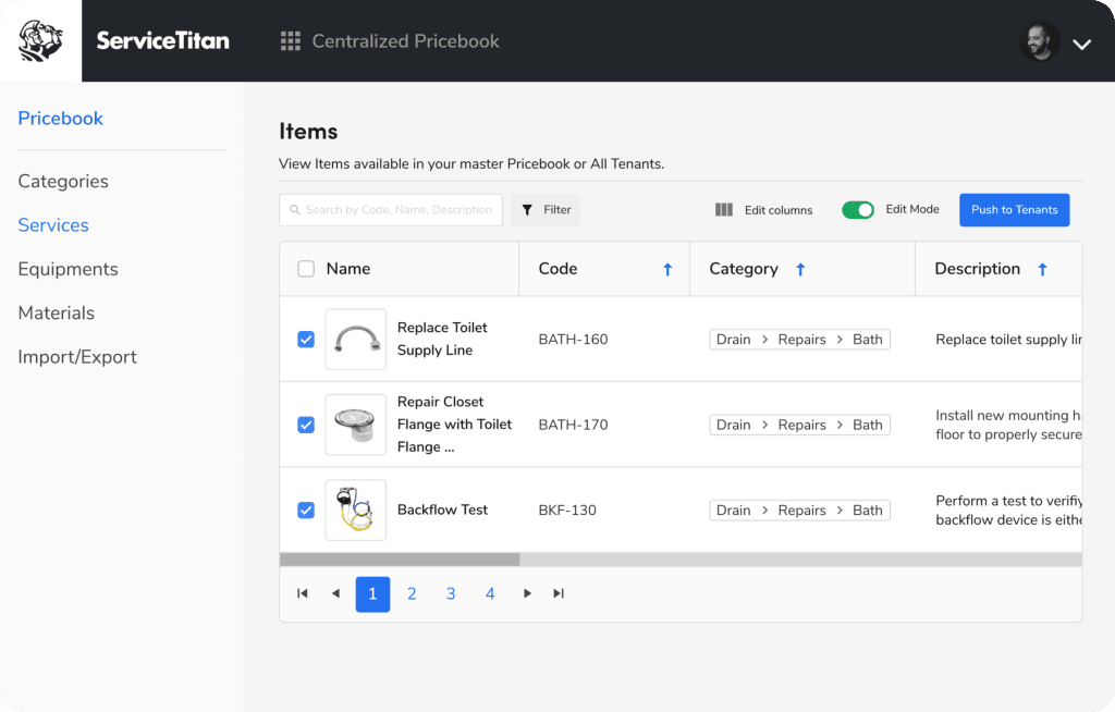 ServiceTitan Centralized Pricebook interface displaying service items list with codes, categories, and descriptions for plumbing repairs

