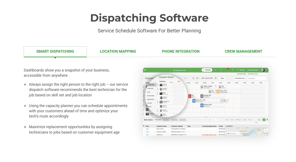 FieldEdge dispatching software interface with smart dispatch board showing technician assignments, job locations, and capacity planning features

