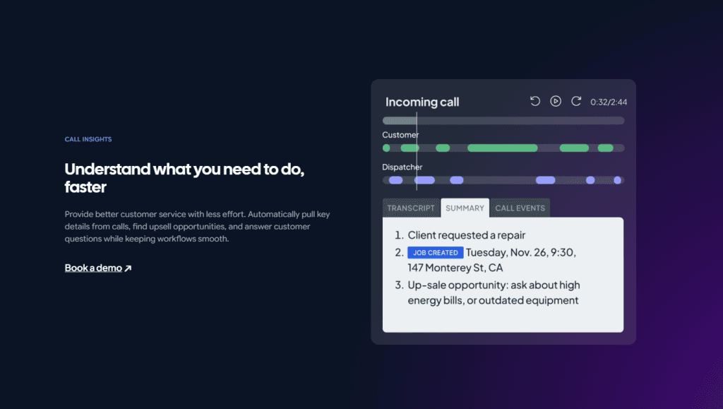 Workiz call insights feature displaying incoming call transcript, summary, and auto-created job details with upsell opportunity detection

