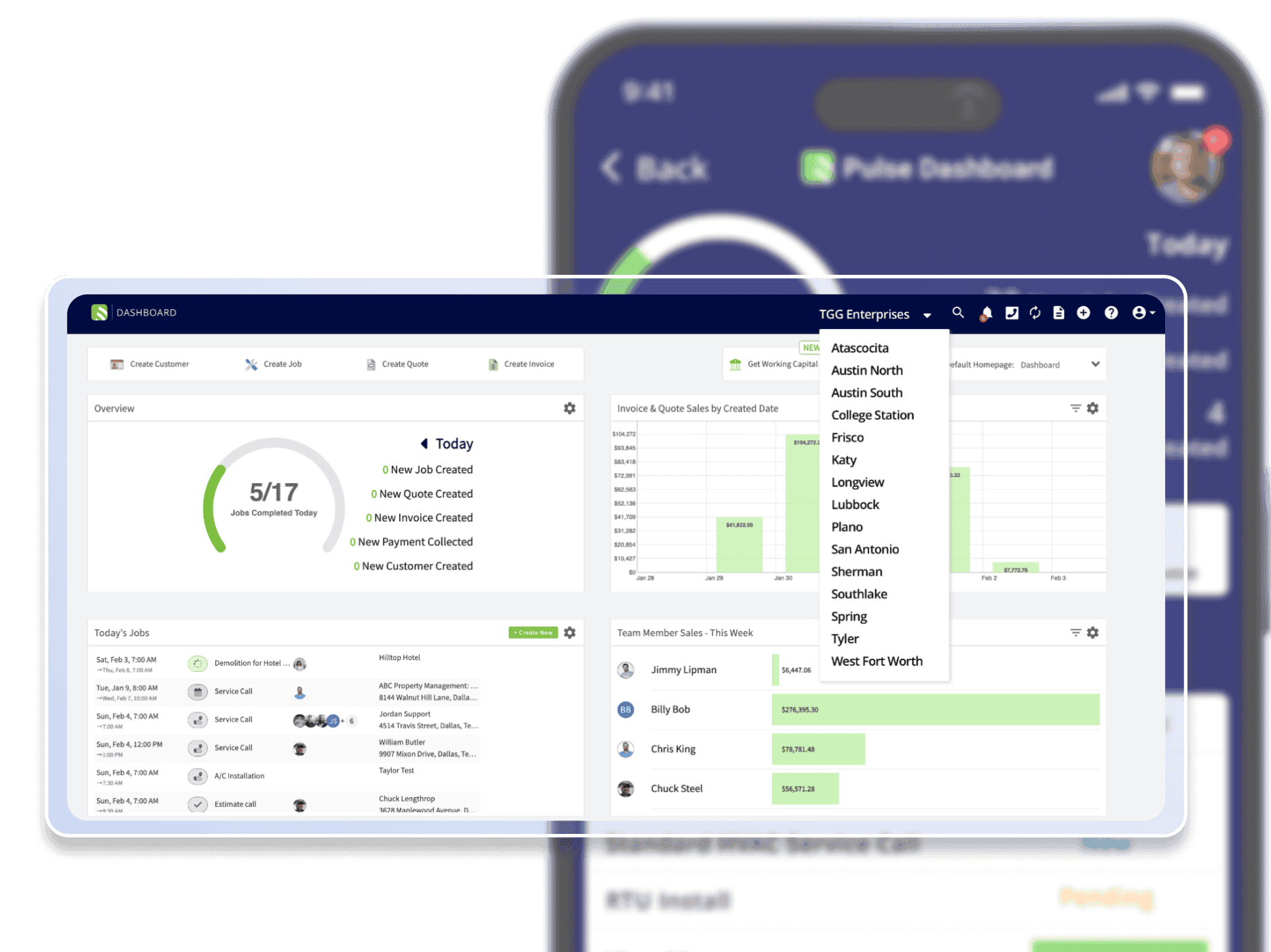 FieldPulse dashboard on desktop and mobile showing multi-location job management, daily overview, and team member sales performance

