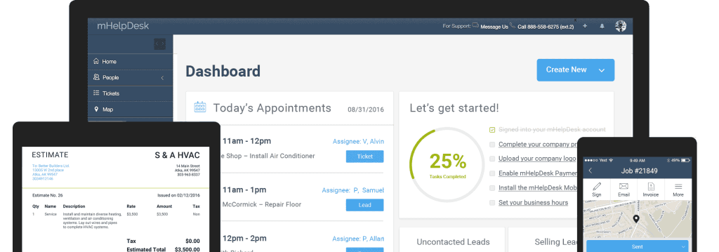 mHelpDesk dashboard displaying daily appointments, estimate documents, and mobile app interface for field technicians

