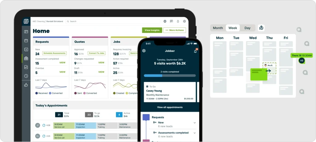 Jobber field service software interface displaying job requests, quotes, scheduling calendar, and mobile app view for managing service appointments.