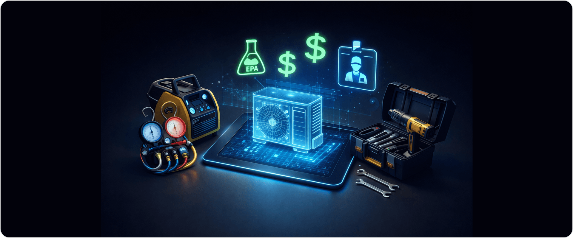 Photorealistic 3D render of HVAC startup essentials including manifold gauges, recovery machine, tool kit, and holographic AC system model with certification and revenue growth icons on dark navy background.