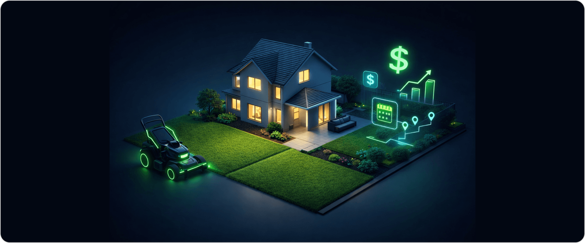 3D illustration of a modern landscaped home with lawn mower, revenue growth icons, and scheduling interface representing starting and scaling a landscaping business.