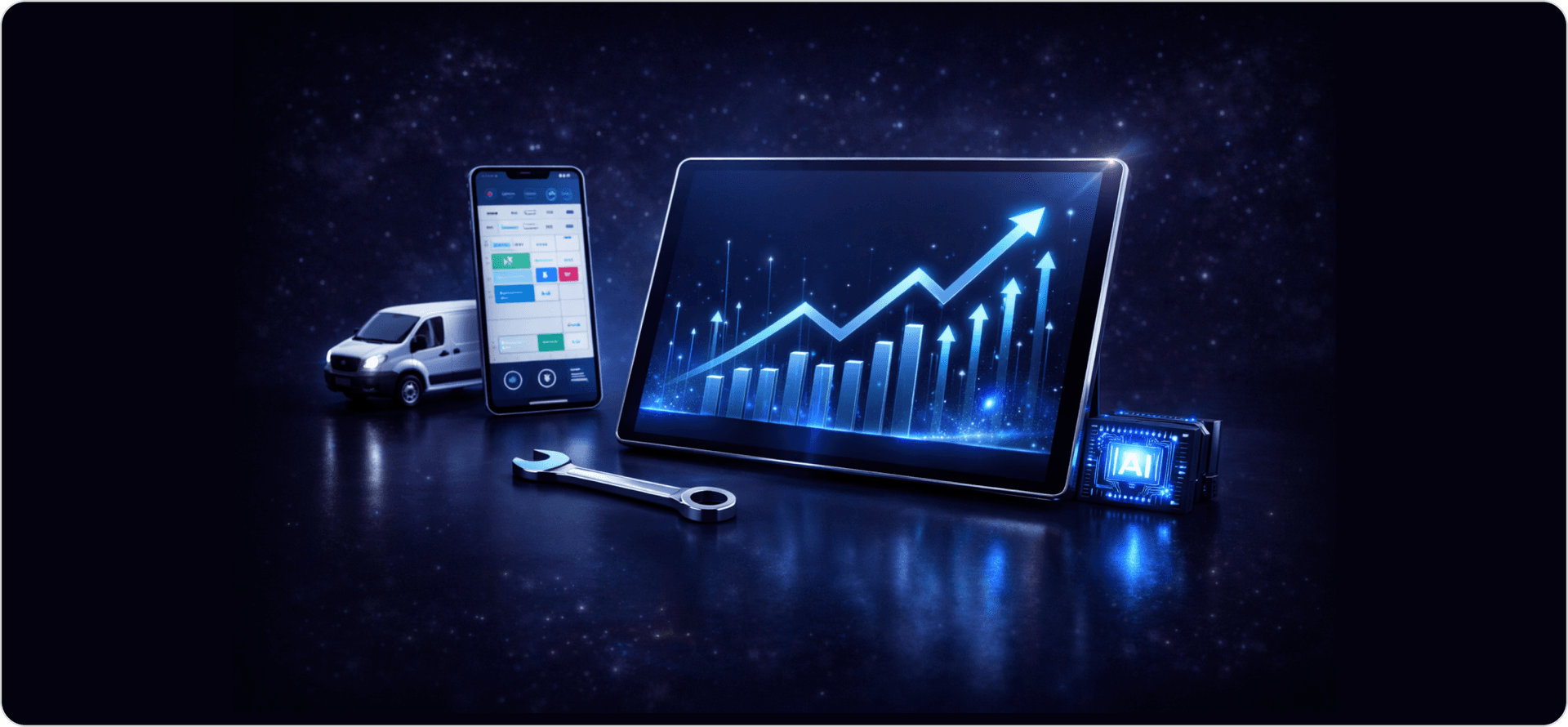 How AI-powered field service growth dashboard works, showing a holographic tablet with upward-trending analytics charts, a mobile scheduling app interface, service van, wrench tool, and glowing AI chip on a dark reflective surface with blue and purple ambient lighting.