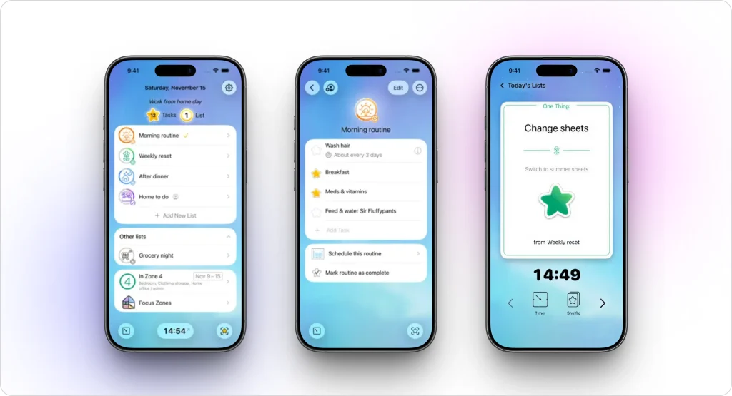 HomeRoutine cleaning and habit app displaying daily routines, focus zones, recurring home tasks, and guided step-by-step cleaning lists.