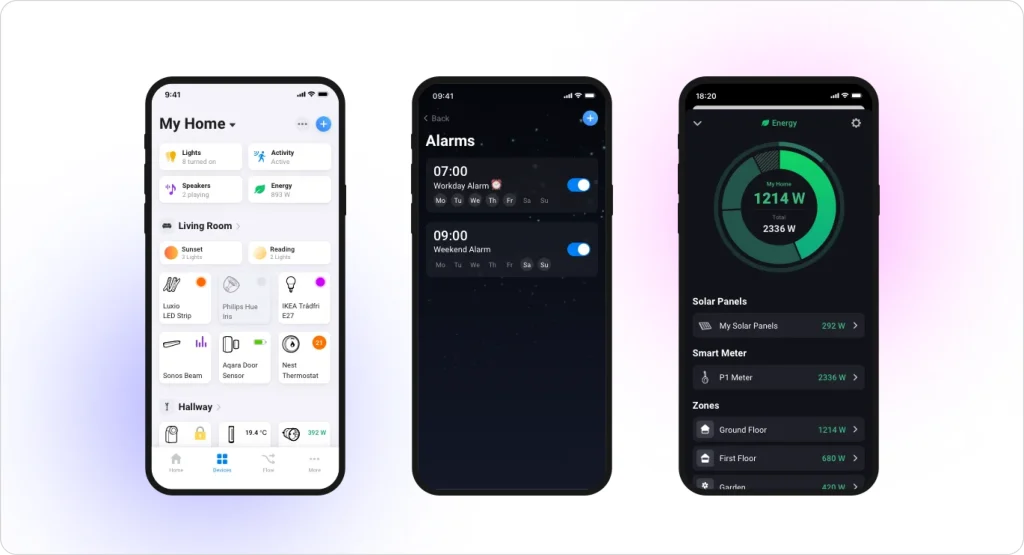 Homey smart home dashboard showing connected devices, alarms, energy usage, room controls, and household automation settings.