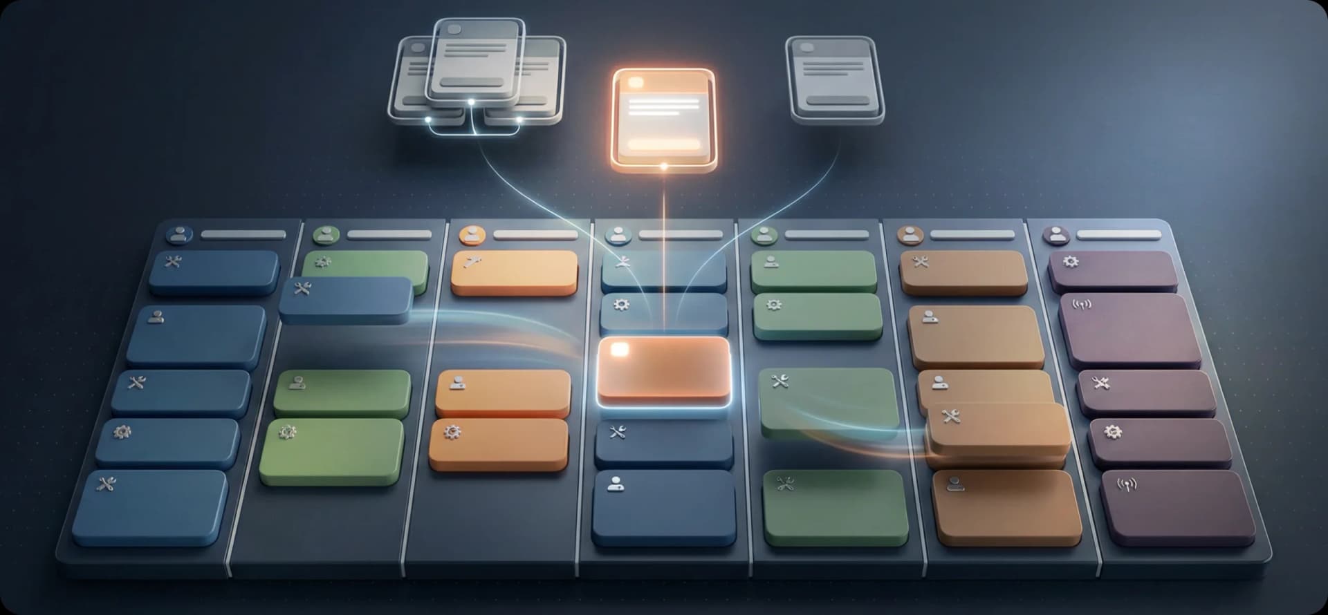 AI scheduling system visualizing Mid-Day Job Insertions, where a new urgent job is intelligently placed into an optimized technician schedule using connected job cards and real-time optimization.