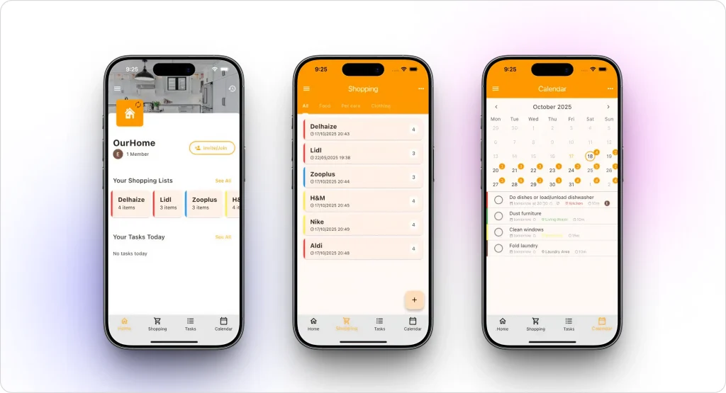 OurHome household management app showing shared shopping lists, daily tasks, and a calendar view for organizing family chores.