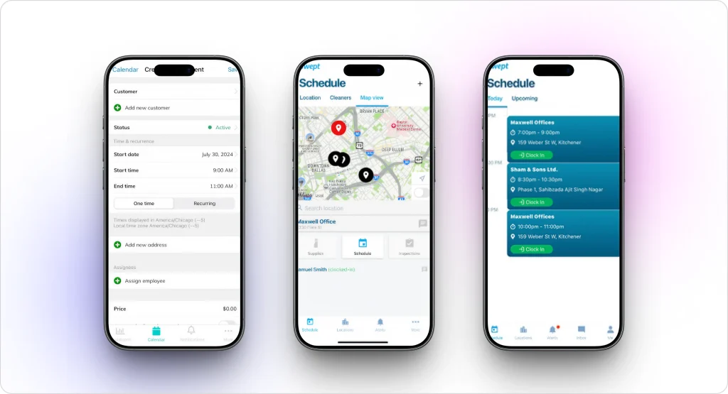 Swept janitorial management app displaying scheduled cleaning jobs, map-based locations, staff assignments, and inspection access.