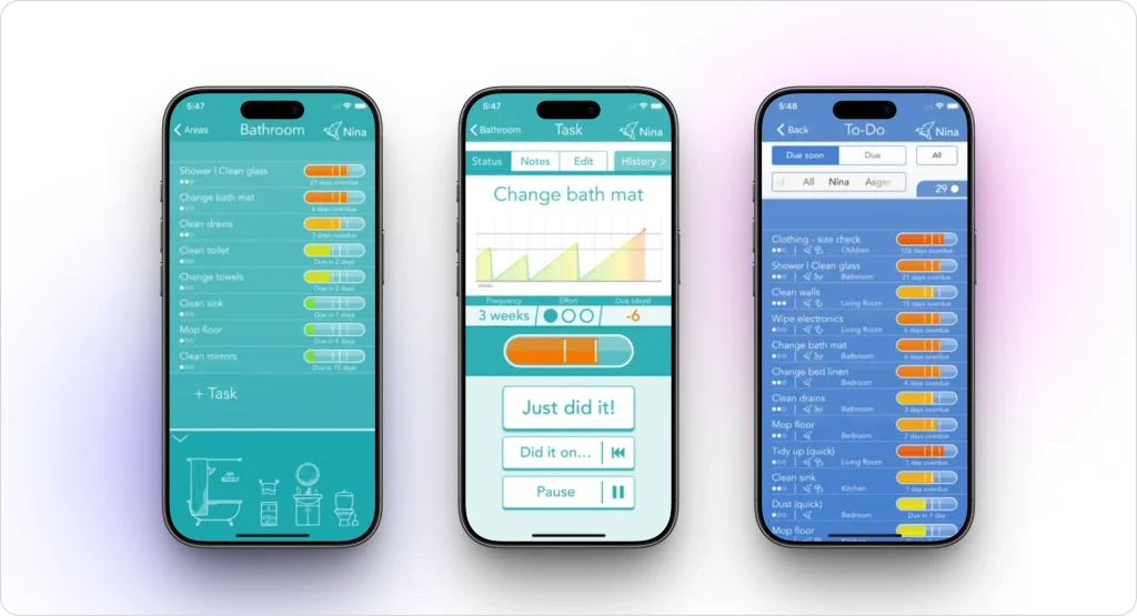 Tody cleaning app interface showing room-based cleaning tasks, effort levels, overdue indicators, and habit-style progress tracking.