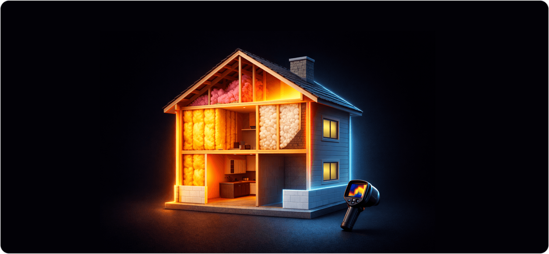 How an insulation business improves energy efficiency using fiberglass batts in the attic, spray foam in wall cavities, rigid foam board in the basement, and thermal imaging to visualize heat retention inside a residential home.