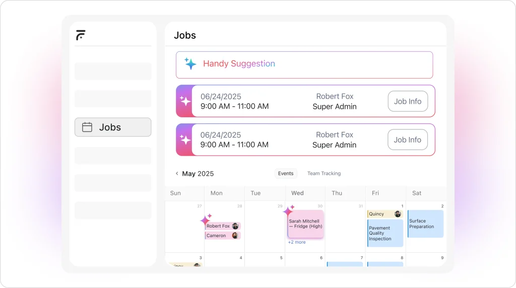 Field service scheduling dashboard showing AI-powered job suggestions, technician assignments, and a monthly calendar view with highlighted jobs and priorities.