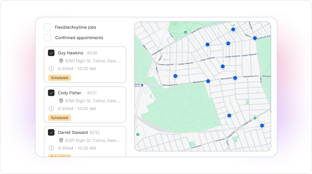 Route and job scheduling interface displaying confirmed technician appointments alongside a map with job locations optimized for travel and timing.