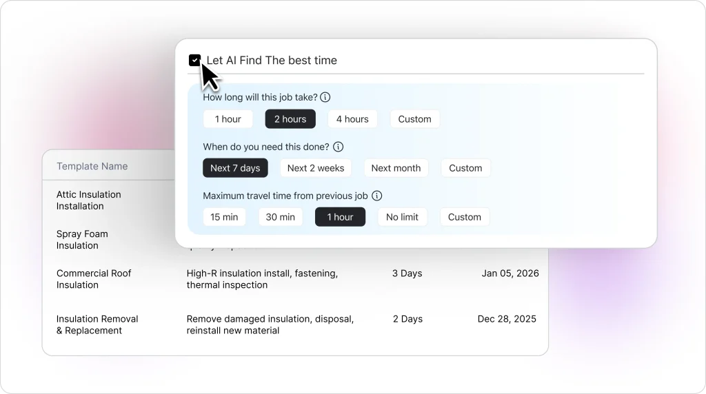 AI scheduling form allowing users to define job duration, preferred completion window, and maximum travel time so the system can automatically find the best time slot.