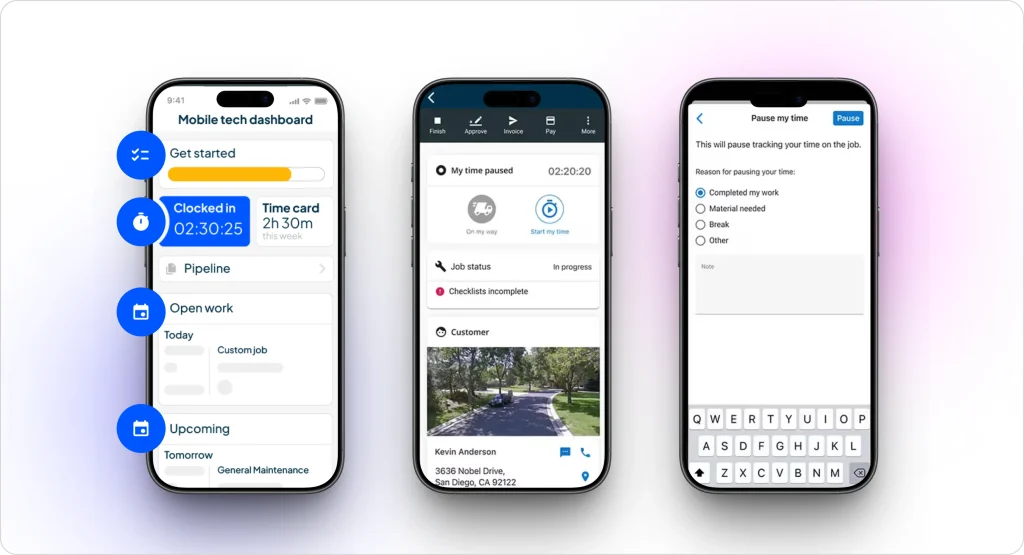 Housecall Pro field service app showing technician dashboard, time tracking, job status updates, and mobile work management tools.