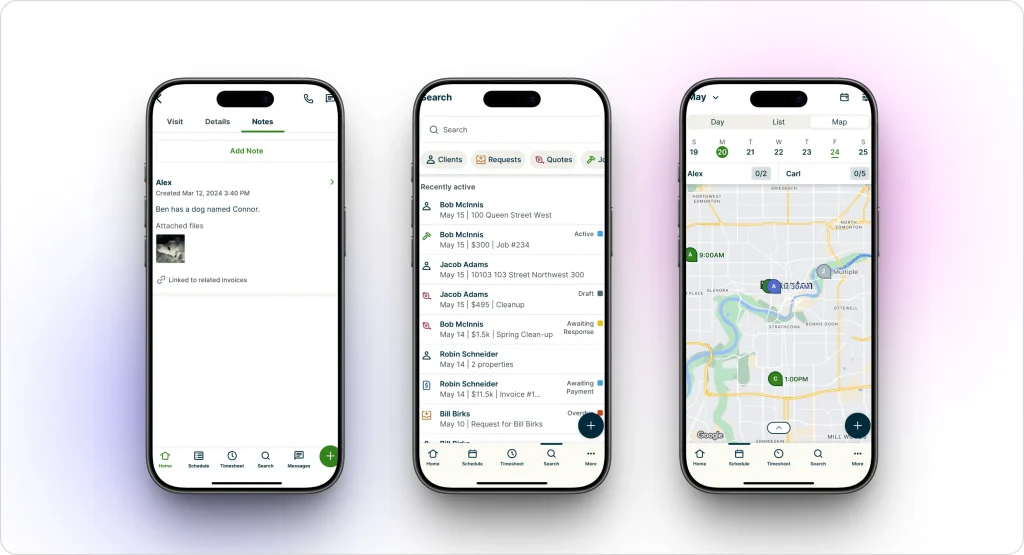 Jobber service business software showing job notes, client search, requests, quotes, and a map-based schedule view for field technicians.
