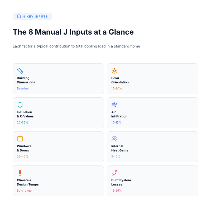 How Manual J calculation works by analyzing building dimensions, insulation, windows, climate, solar orientation, air infiltration, internal heat gains, and duct losses