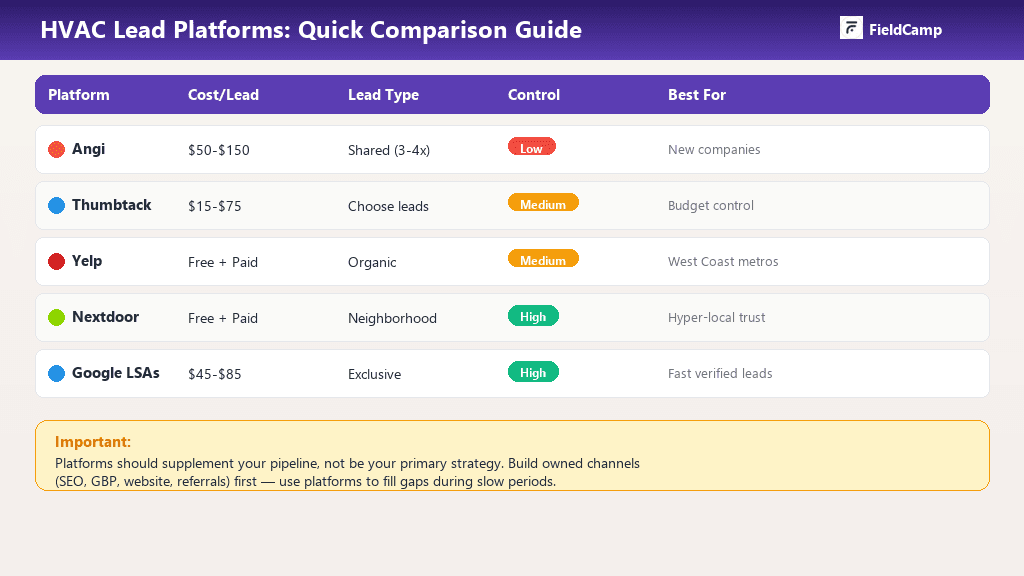 Comparison table of HVAC lead generation platforms including Angi, Thumbtack, Yelp, Nextdoor, and Google Local Services Ads, highlighting cost per lead, lead type, level of control, and which platforms work best for HVAC contractors.