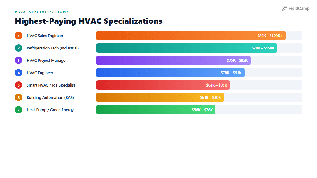 How HVAC specializations impact salary, showing highest-paying roles including HVAC sales engineer, industrial refrigeration tech, project manager, HVAC engineer, IoT specialist, building automation, and heat pump technician.