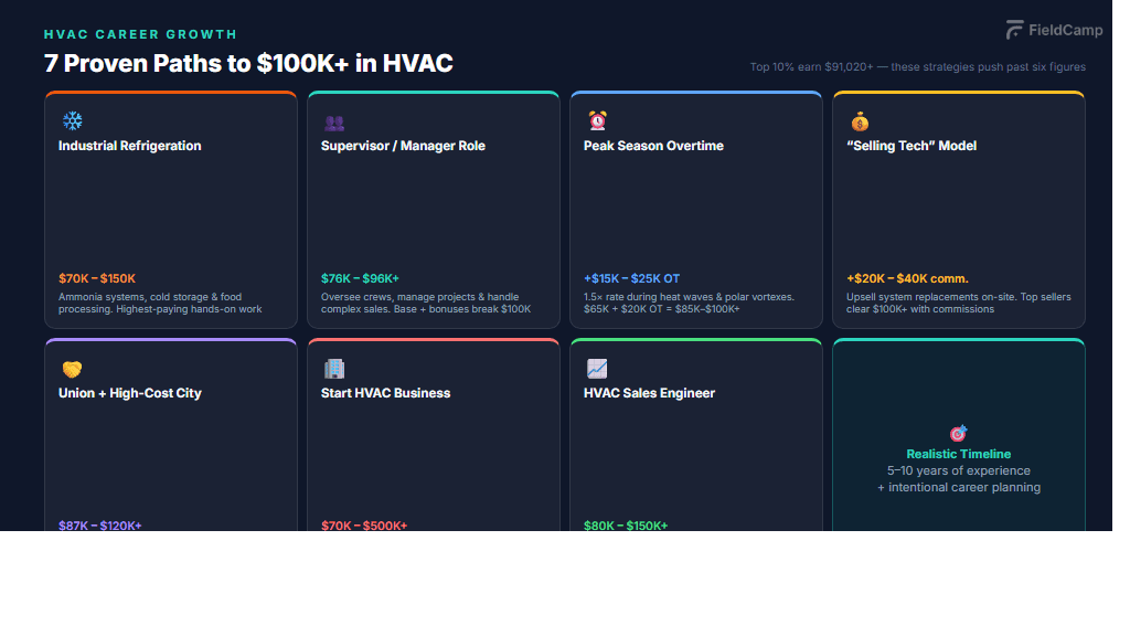 How HVAC technicians can reach $100K+, showing career paths like industrial refrigeration, supervisor roles, overtime strategy, sales technician model, union work, HVAC business ownership, and sales engineering.