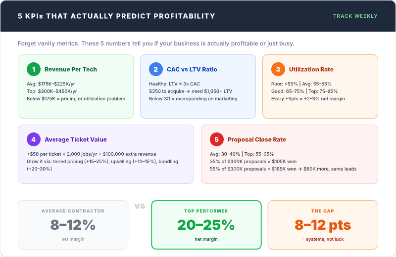 Five KPIs that actually predict service business profitability — Revenue Per Tech averaging $175K–$225K versus $300K–$450K for top performers, CAC vs LTV ratio where healthy LTV equals three times CAC, Utilization Rate where every 5 points gained adds 2–3% net margin, Average Ticket Value where a $50 increase across 2,000 jobs adds $100K in revenue, and Proposal Close Rate where 35% close on $300K proposals wins $105K versus $165K at 55% — with a bottom comparison showing average contractors at 8–12% net margin versus top performers at 20–25%, a gap of 8–12 points driven by systems not luck
