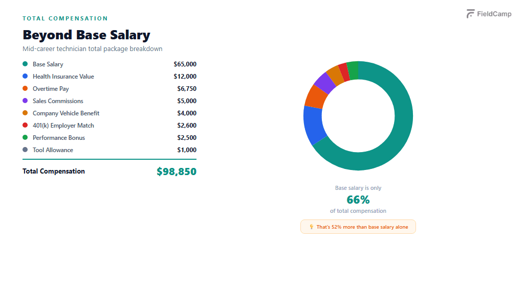 How total HVAC technician compensation works, showing base salary, health insurance value, overtime pay, commissions, employer match, bonuses, and total compensation reaching $98,850 beyond base salary.
