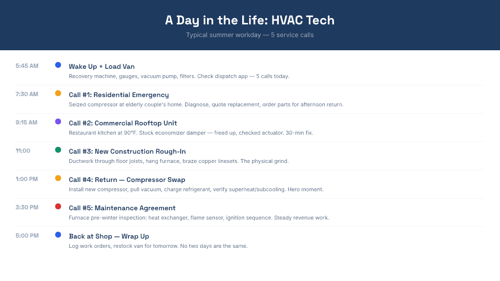 A Day in the Life of an HVAC Tech — typical summer workday with 5 service calls: 5:45 AM wake up and load van, 7:30 AM residential emergency (seized compressor), 9:15 AM commercial rooftop fix (30-min), 11:00 AM new construction rough-in, 1:00 PM compressor swap return, 3:30 PM maintenance agreement visit, 5:00 PM back at shop.