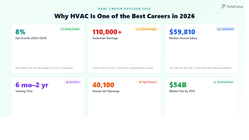 How HVAC career outlook in 2026 works, showing 8% job growth, 110,000+ technician shortage, $59,810 median salary, 40,100 annual openings, 6 months–2 years training time, and $54B growing market size.