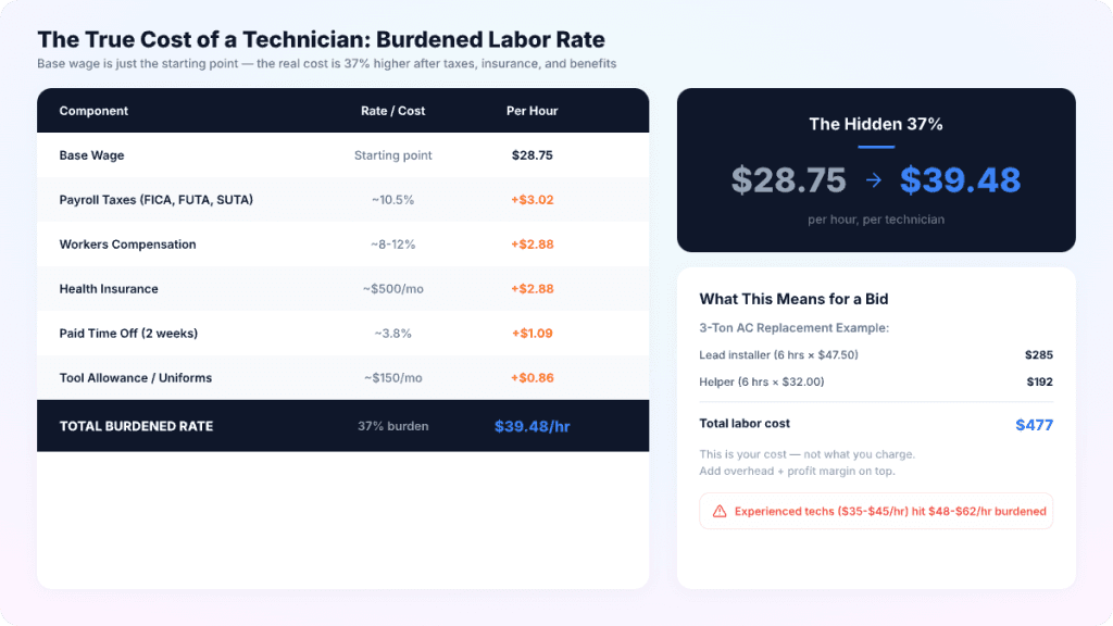 Burdened labor rate breakdown showing base wage of $28.75/hr increases to $39.48/hr after payroll taxes, workers comp, health insurance, PTO, and tool allowance — a 37% burden on top of base wage