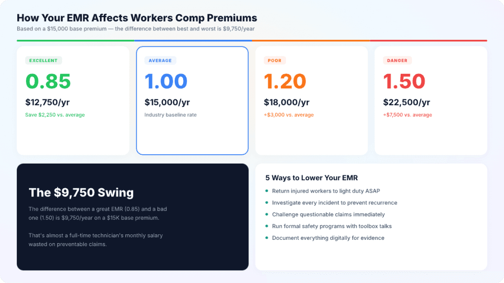 How EMR affects workers comp premiums — excellent 0.85 saves $2,250/year, average 1.00 is $15,000/year, poor 1.20 adds $3,000, danger 1.50 adds $7,500 — a $9,750 swing on a $15K base premium